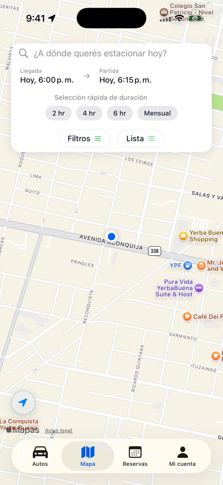 Pantalla de mapa de Parqeo para buscar cocheras